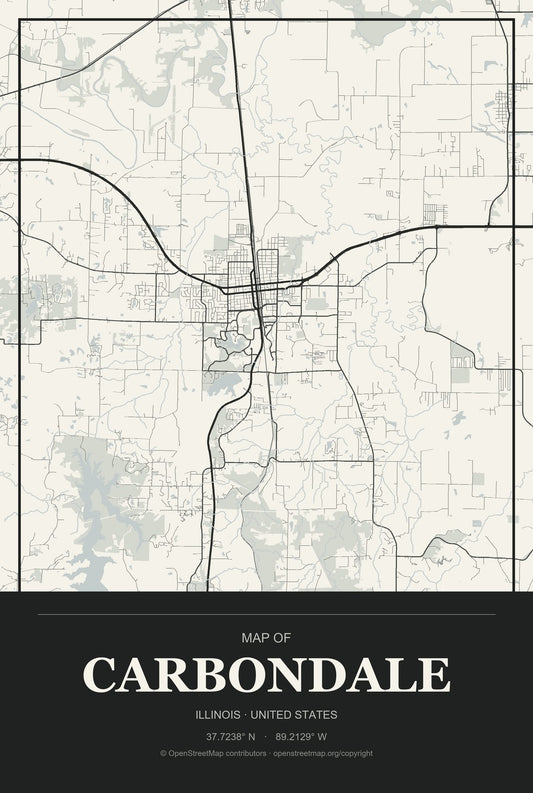 Carbondale, Illinois City Map Aluminum Sign in Museum Plaque style