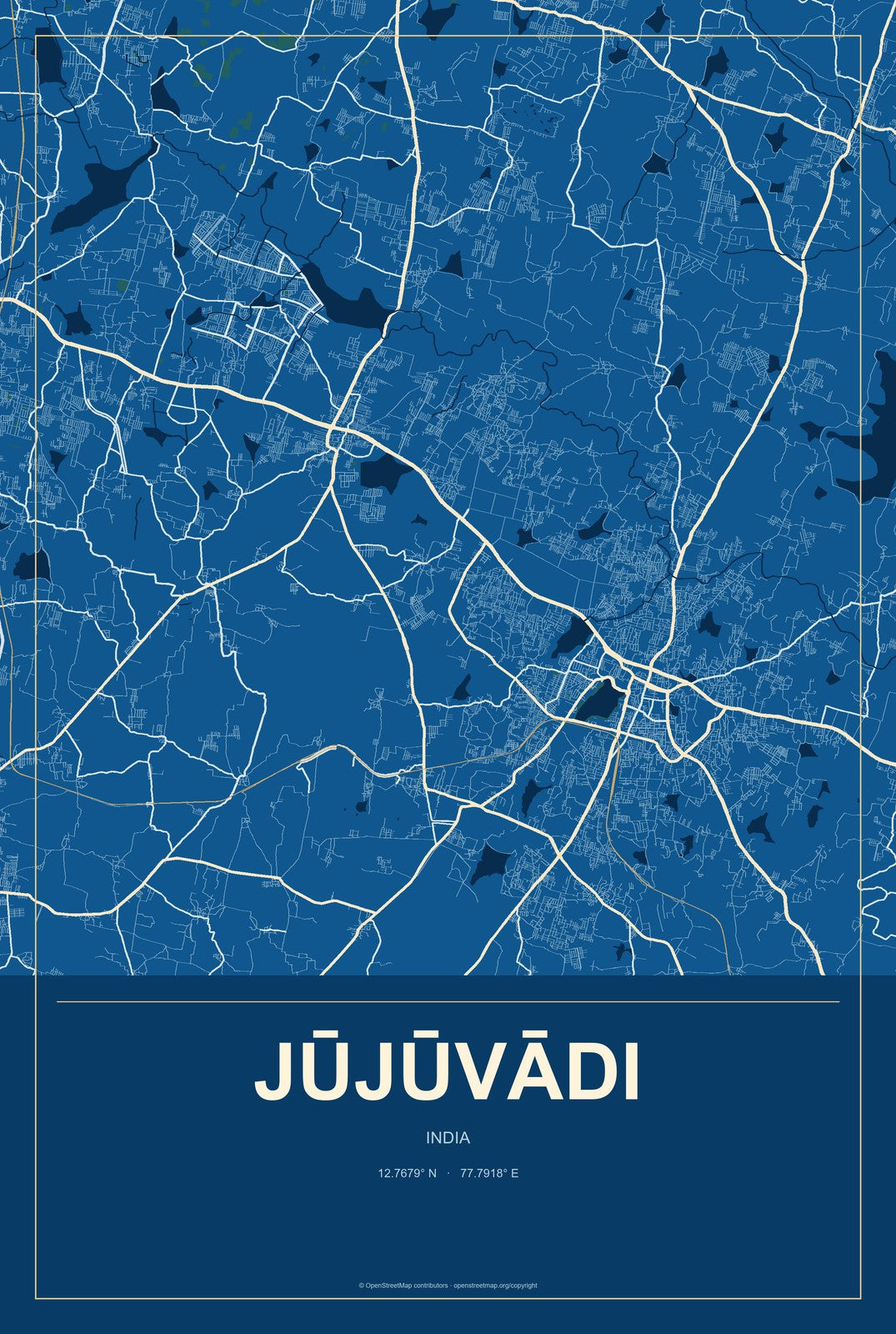 Jūjūvādi, India City Map Aluminum Sign in Harbor Cobalt style