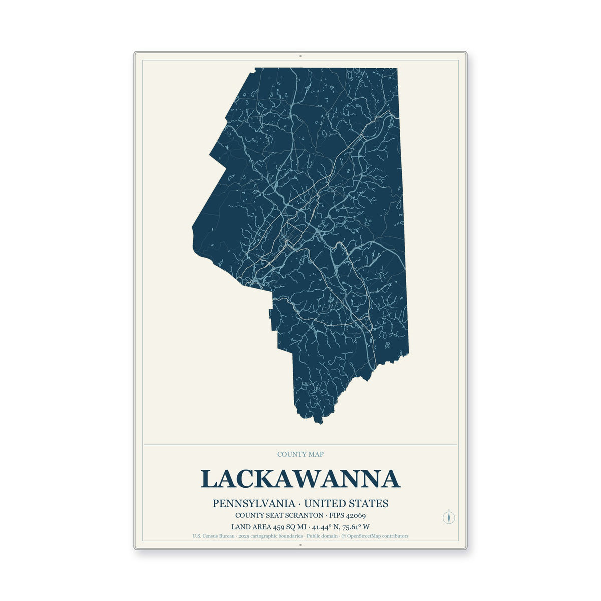 Lackawanna County, Pennsylvania Map Aluminum Sign in Coastal Cutout style