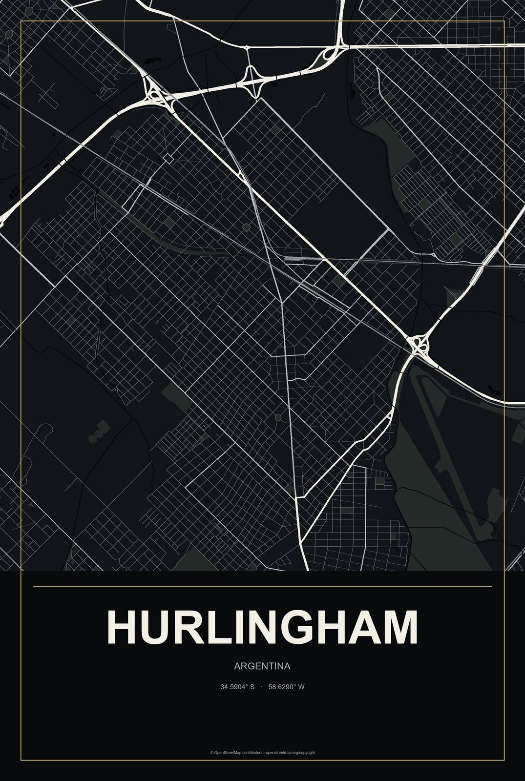 Hurlingham, Argentina City Map Aluminum Sign in Metropolitan Noir style