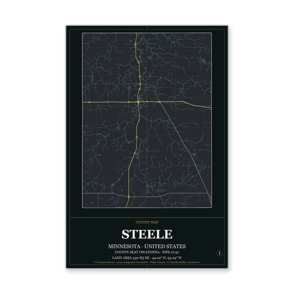 Steele County, Minnesota Map Aluminum Sign in Metropolitan Noir style