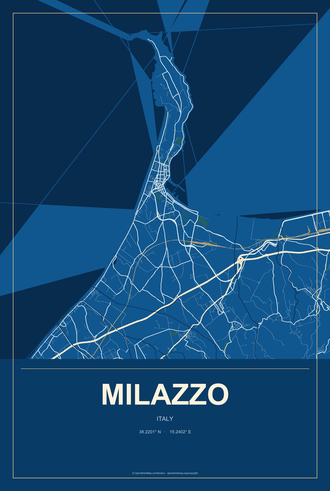 Milazzo, Italy City Map Aluminum Sign in Harbor Cobalt style