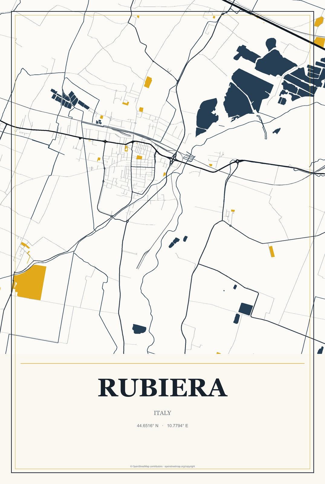 Rubiera, Italy City Map Aluminum Sign in Citrine Modern style
