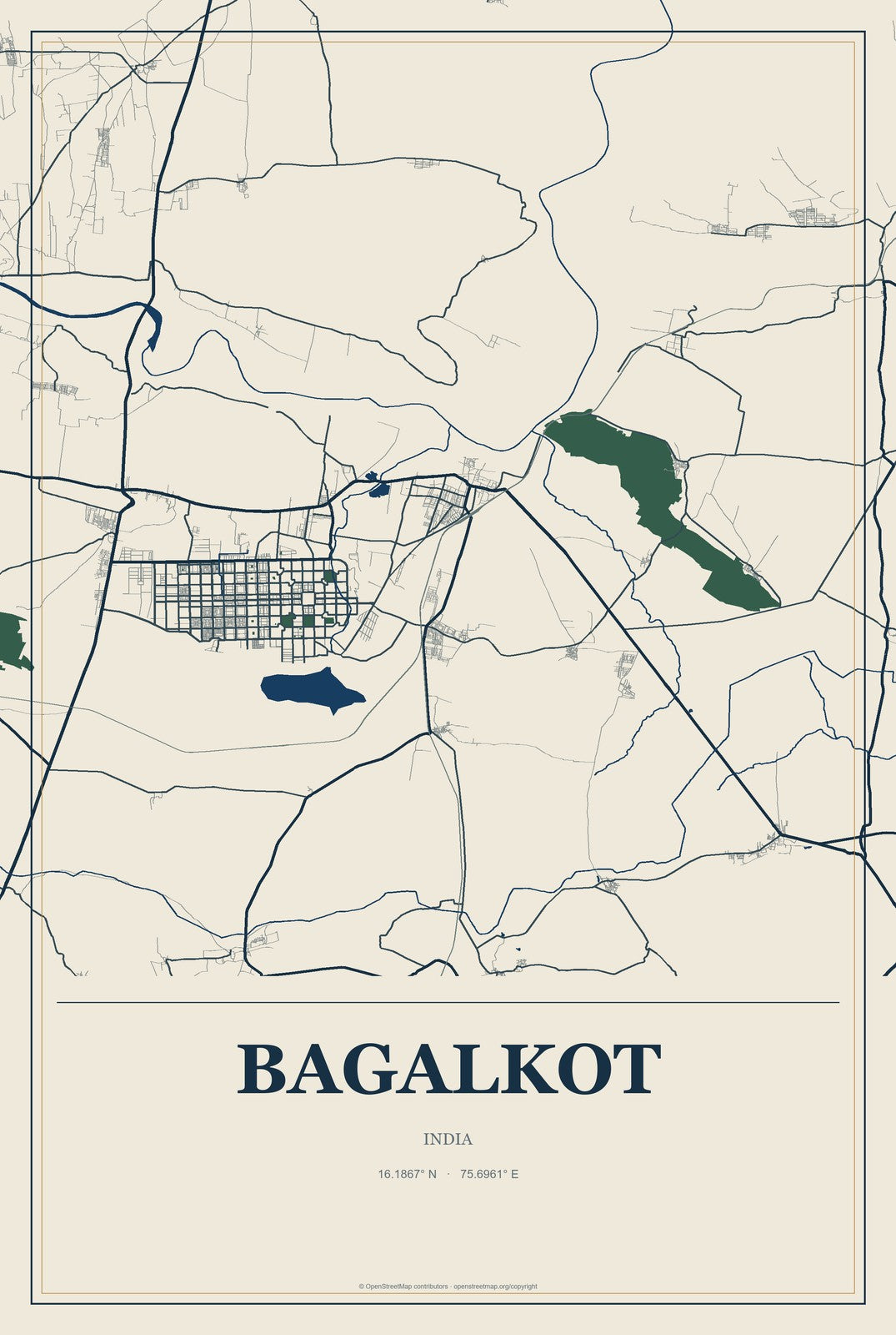 Bagalkot, India City Map Aluminum Sign in Coastal Cutout style
