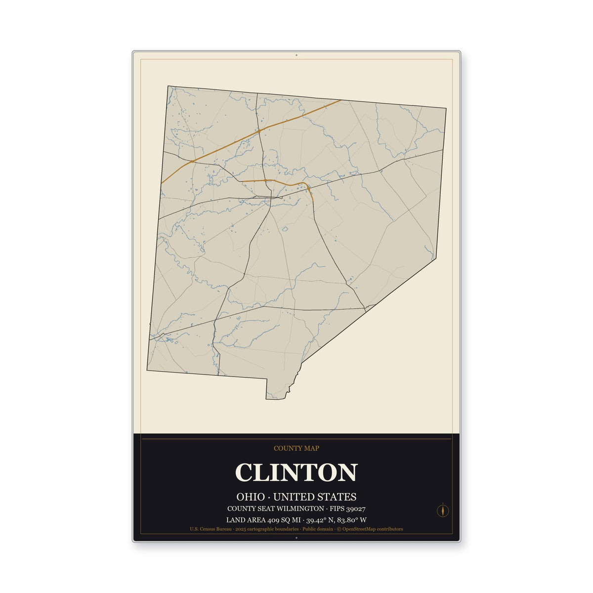 Clinton County, Ohio Map Aluminum Sign in Museum Plaque style