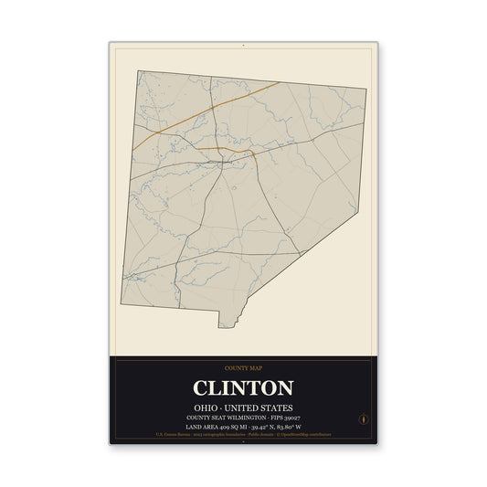 Clinton County, Ohio Map Aluminum Sign in Museum Plaque style