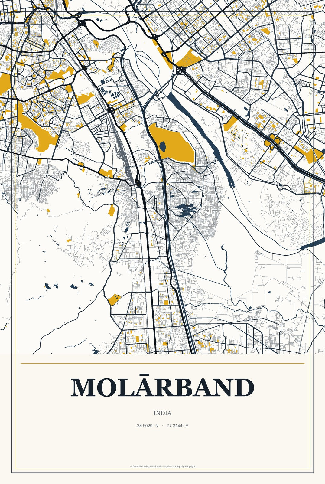 Molārband, India City Map Aluminum Sign in Citrine Modern style