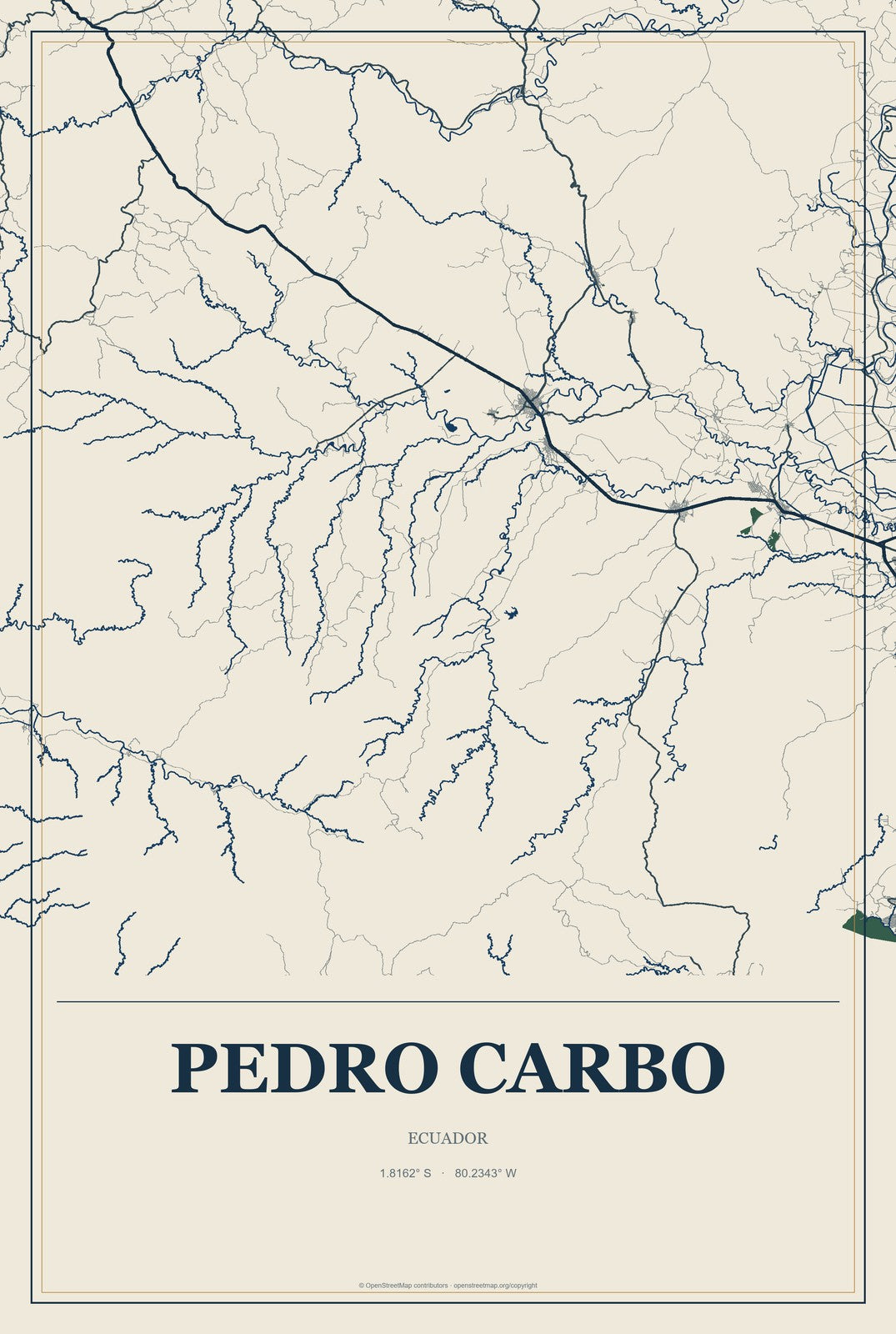 Pedro Carbo, Ecuador City Map Aluminum Sign in Coastal Cutout style