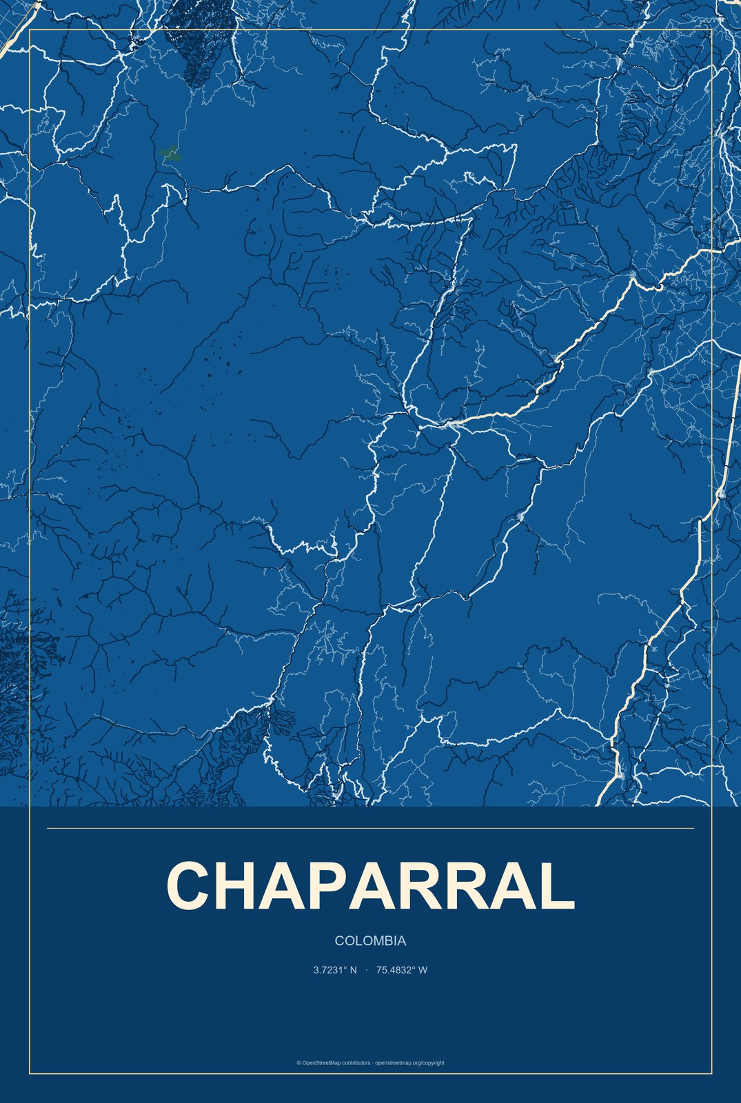 Chaparral, Colombia City Map Aluminum Sign in Harbor Cobalt style