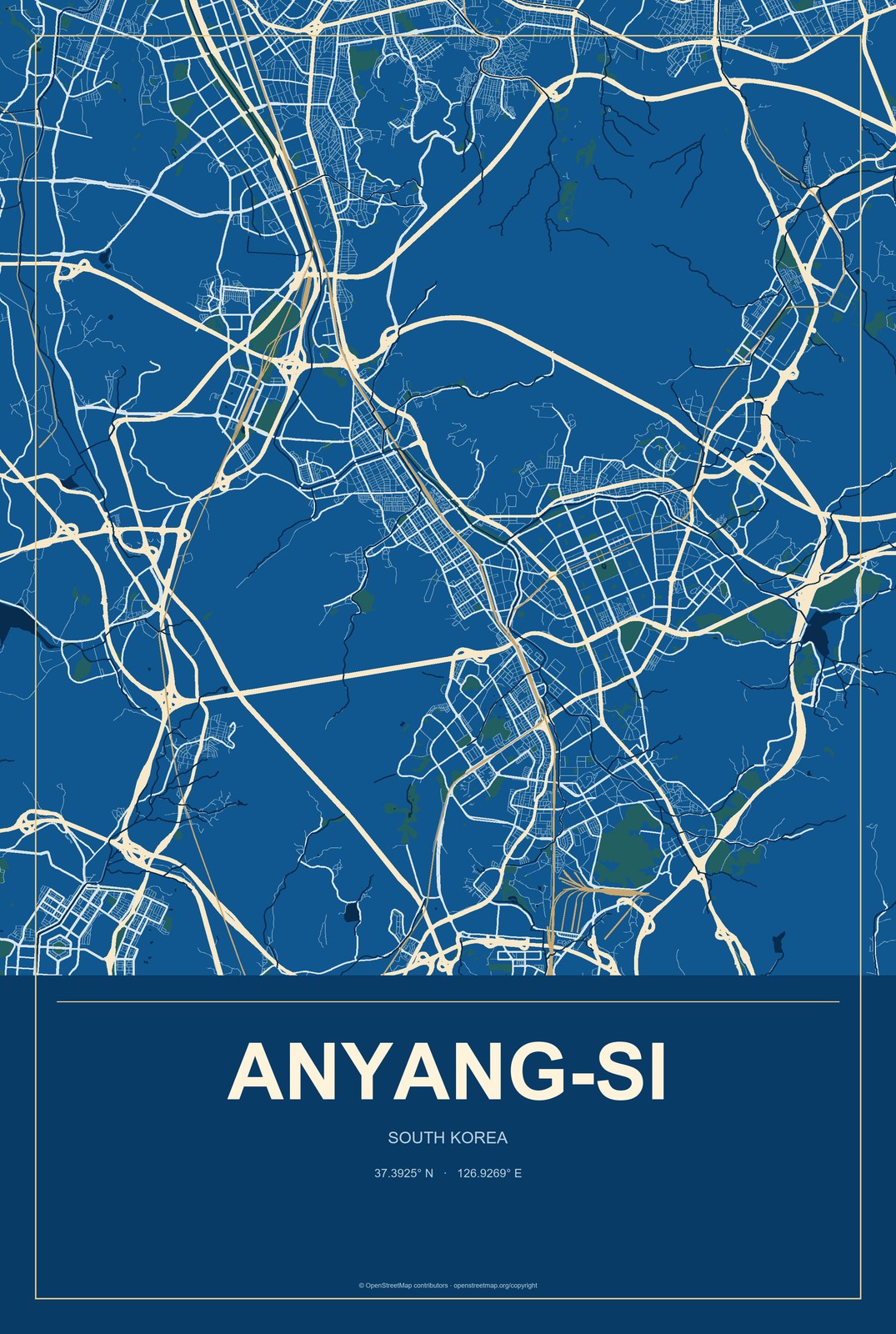 Anyang-si, South Korea City Map Aluminum Sign in Harbor Cobalt style