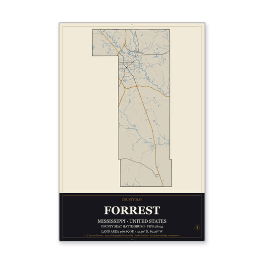 Forrest County, Mississippi Map Aluminum Sign in Museum Plaque style