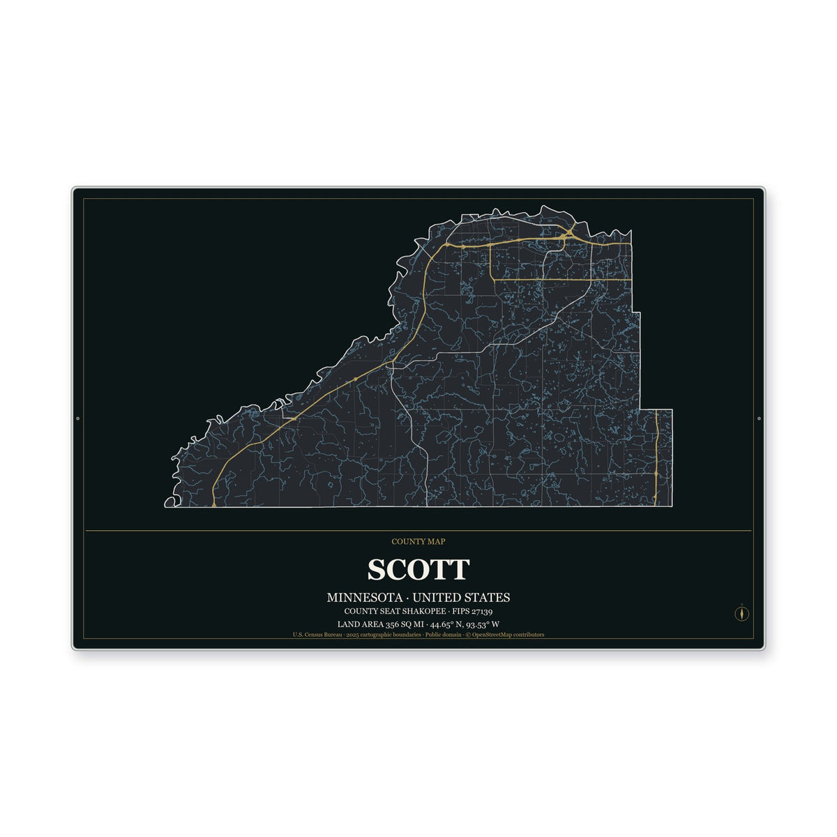 Scott County, Minnesota Map Aluminum Sign in Metropolitan Noir style