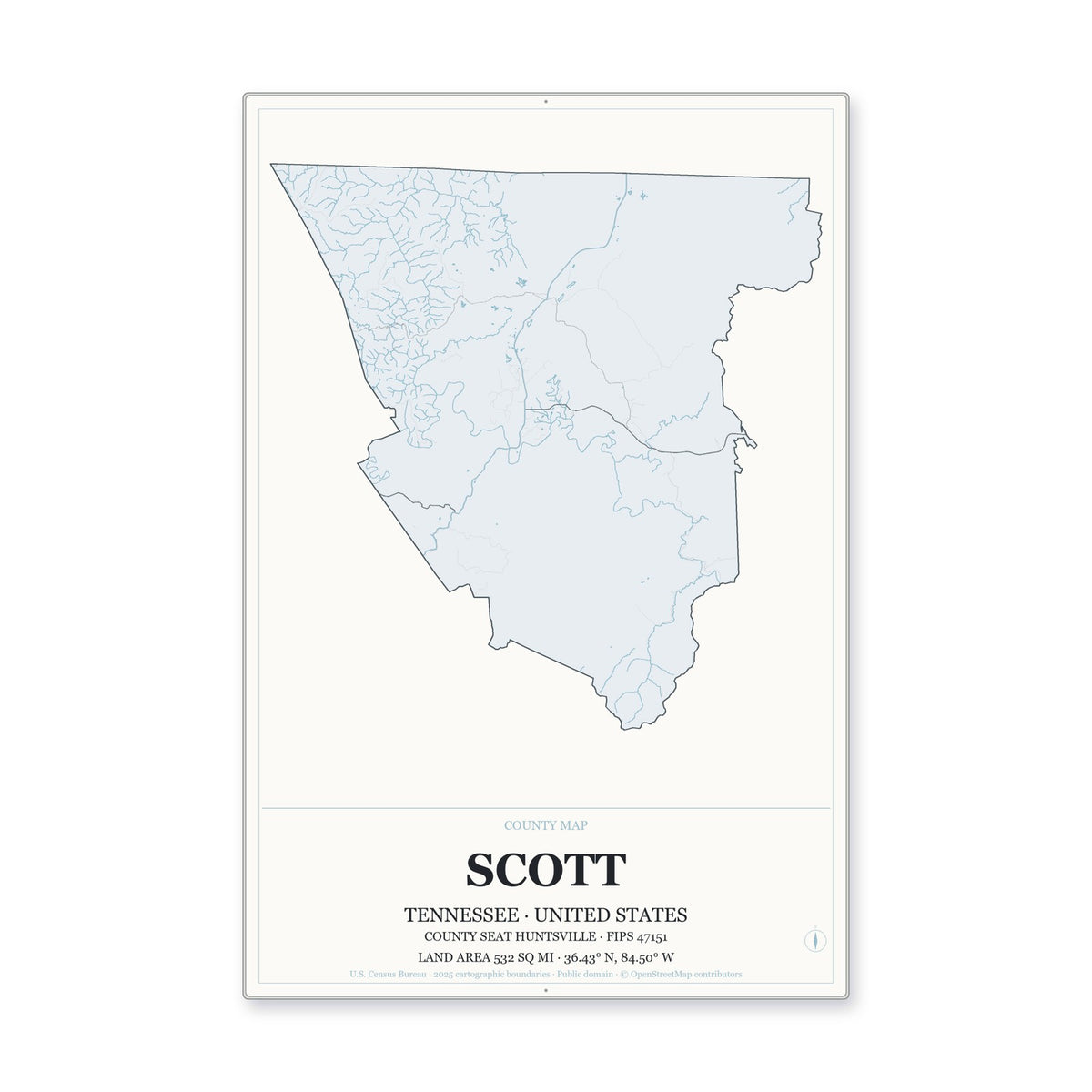 Scott County, Tennessee Map Aluminum Sign in Gallery Air style