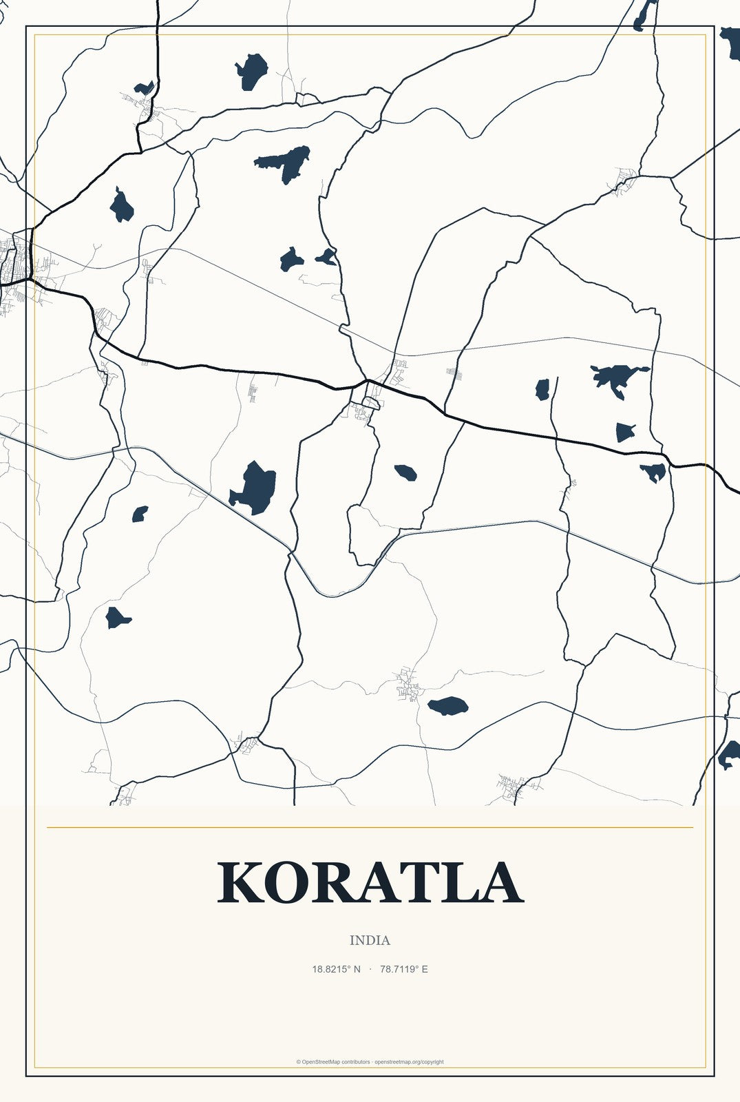 Koratla, India City Map Aluminum Sign in Citrine Modern style