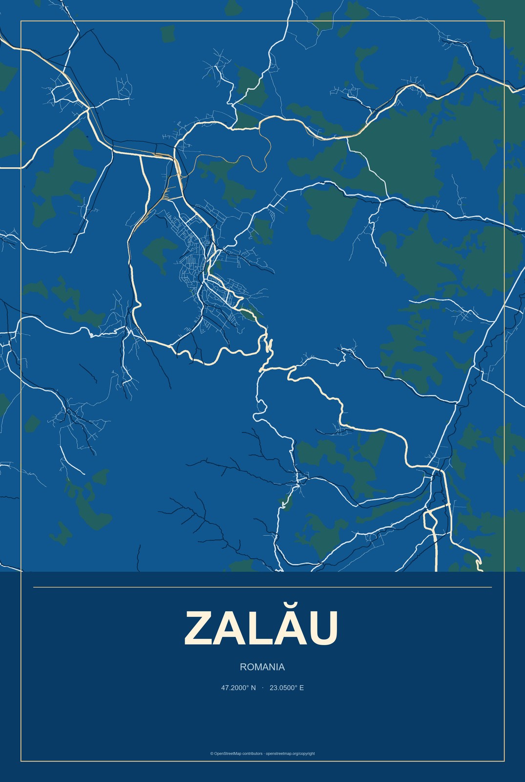 Zalău, Romania City Map Aluminum Sign in Harbor Cobalt style