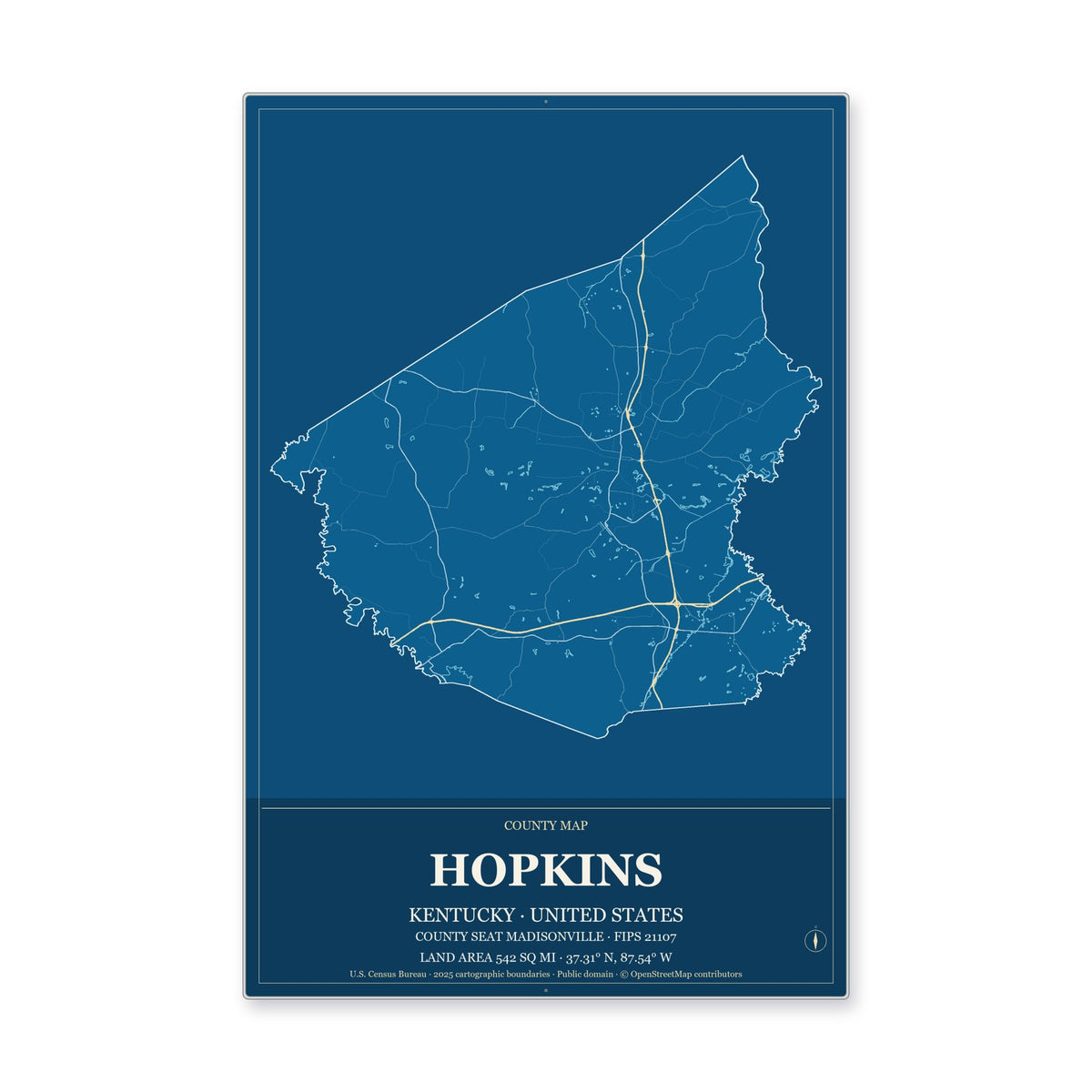Hopkins County, Kentucky Map Aluminum Sign in Harbor Cobalt style