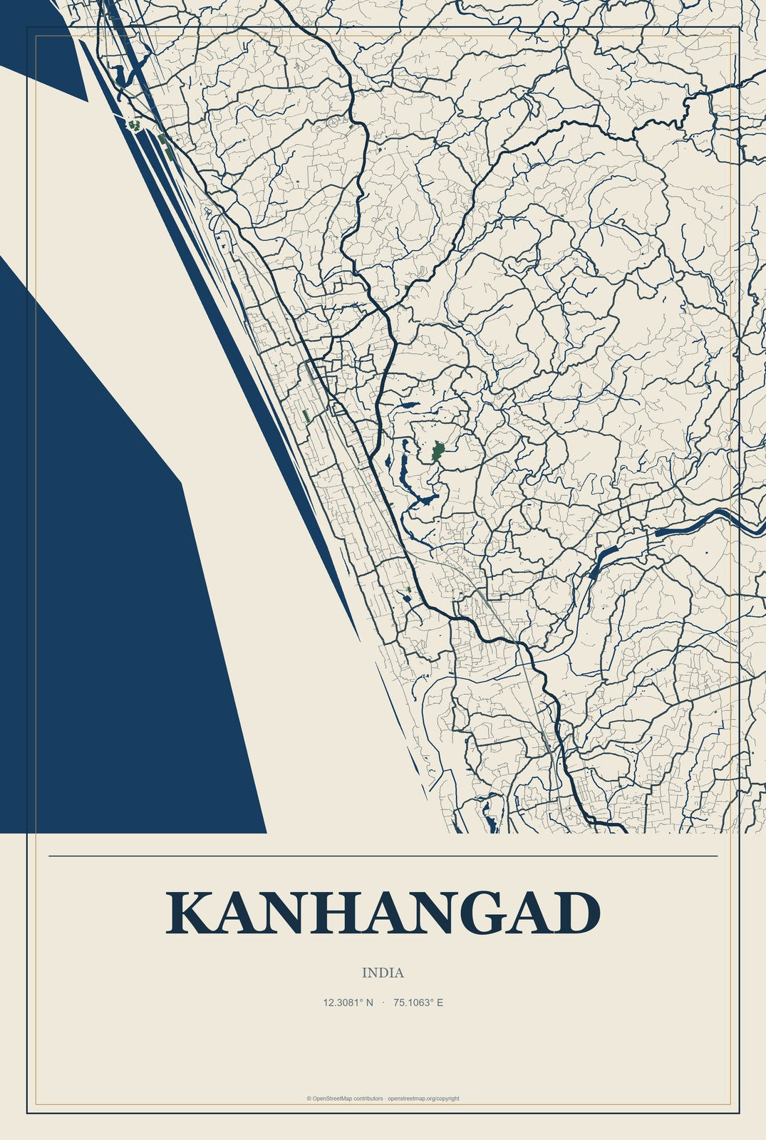 Kanhangad, India City Map Aluminum Sign in Coastal Cutout style