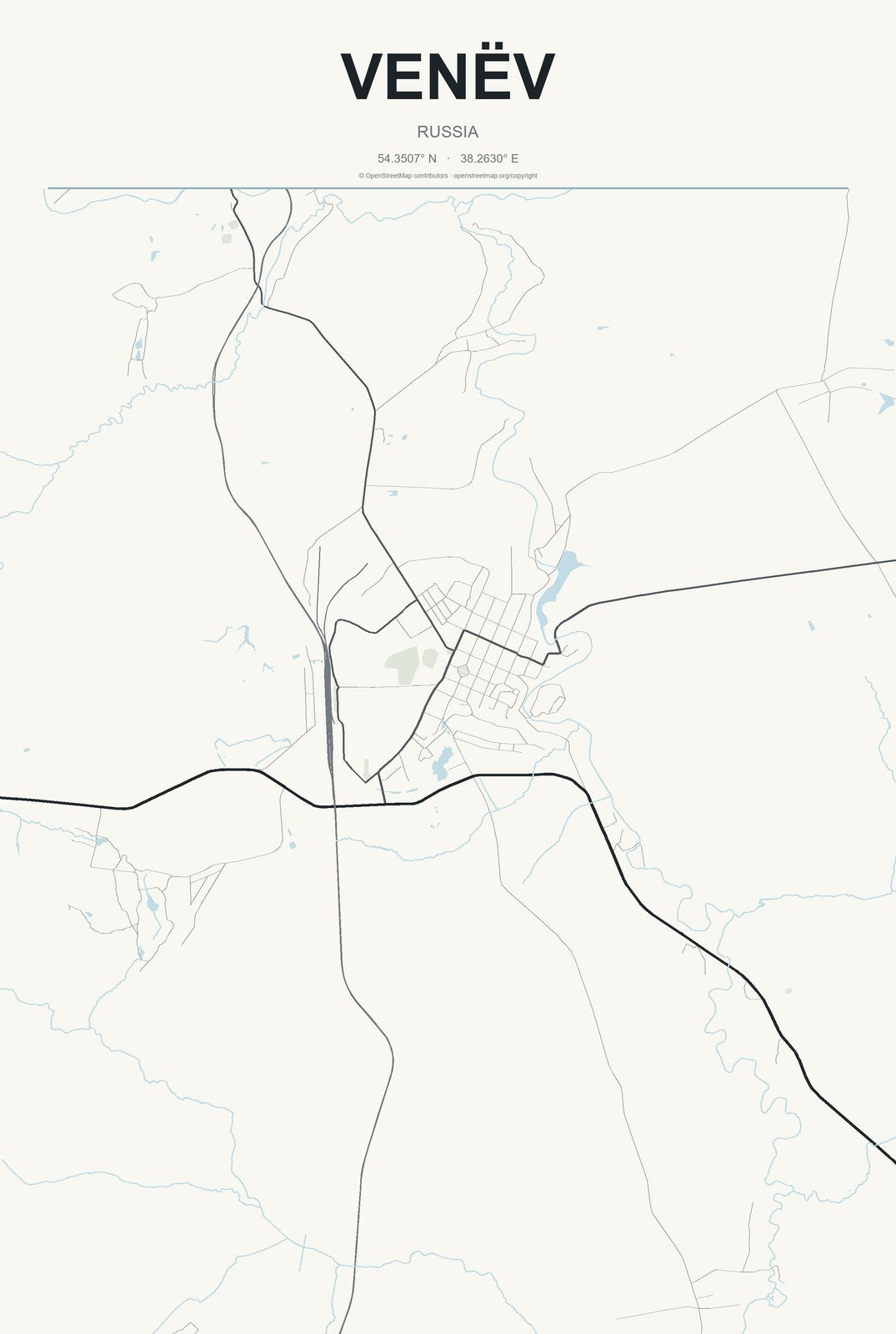 Venëv, Russia City Map Aluminum Sign in Headline Atlas style