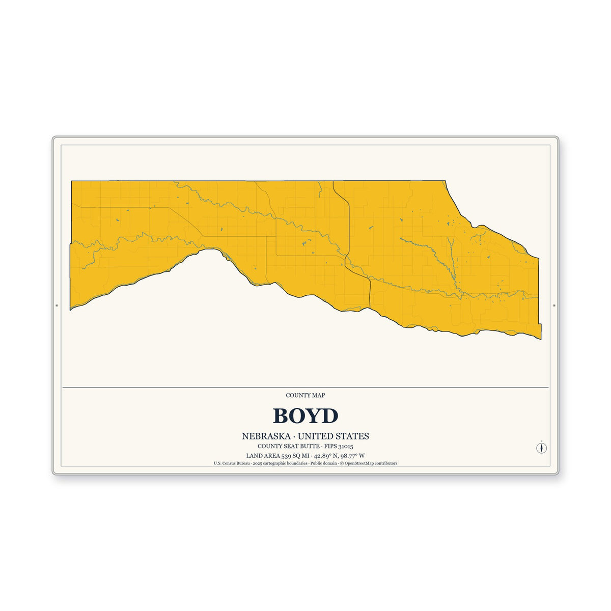 Boyd County, Nebraska Map Aluminum Sign in Citrine Modern style