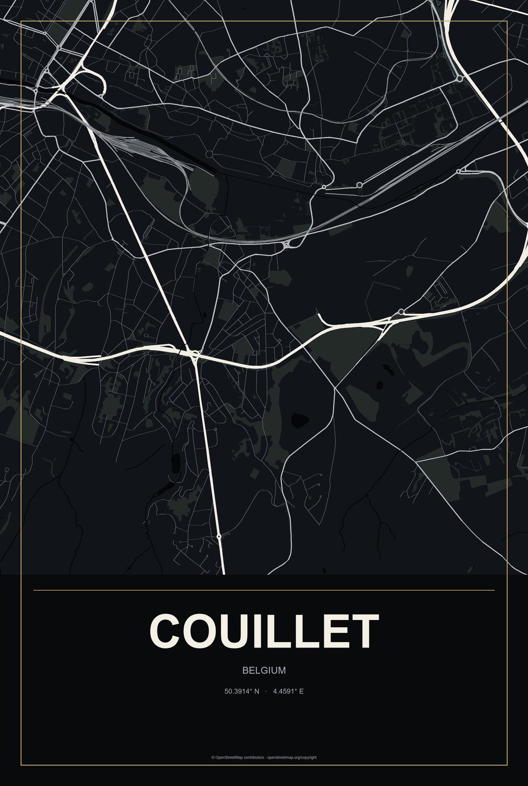Couillet, Belgium City Map Aluminum Sign in Metropolitan Noir style