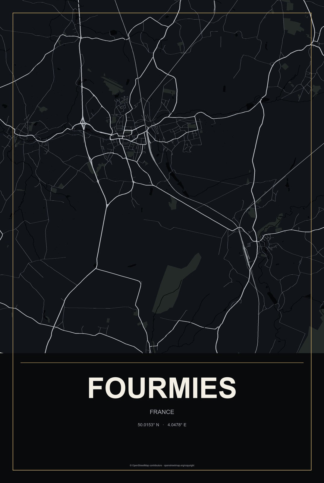 Fourmies, France City Map Aluminum Sign in Metropolitan Noir style