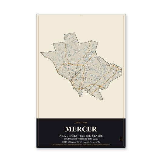 Mercer County, New Jersey Map Aluminum Sign in Museum Plaque style