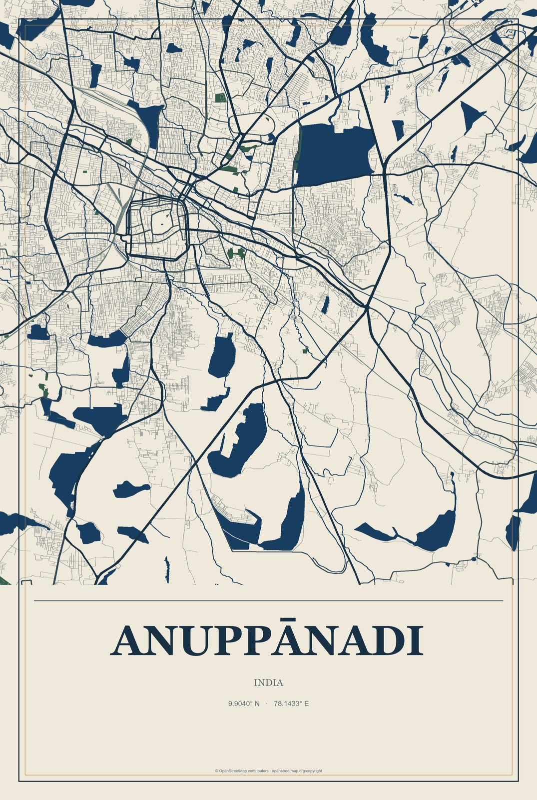 Anuppānadi, India City Map Aluminum Sign in Coastal Cutout style