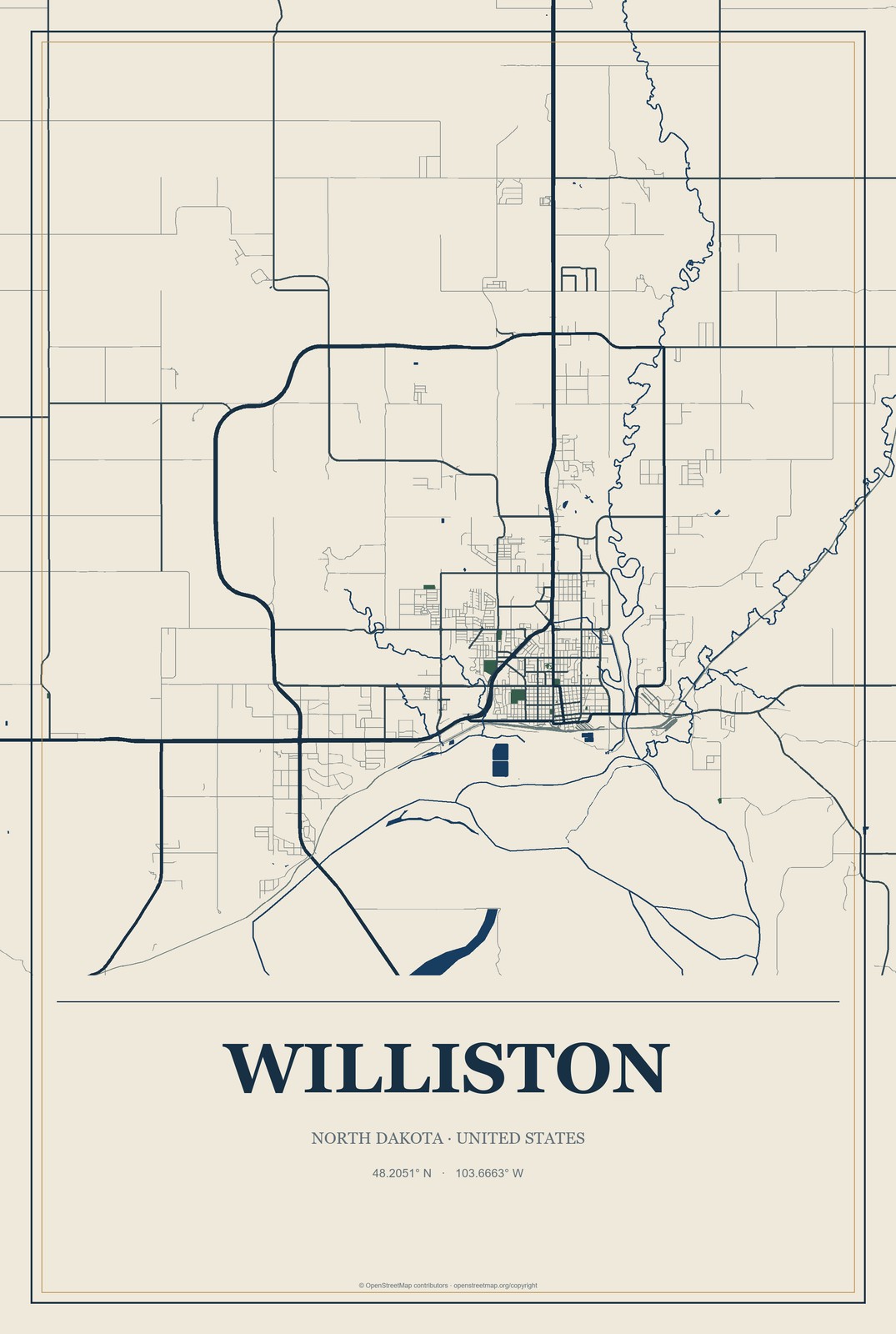 Williston, North Dakota City Map Aluminum Sign in Coastal Cutout style