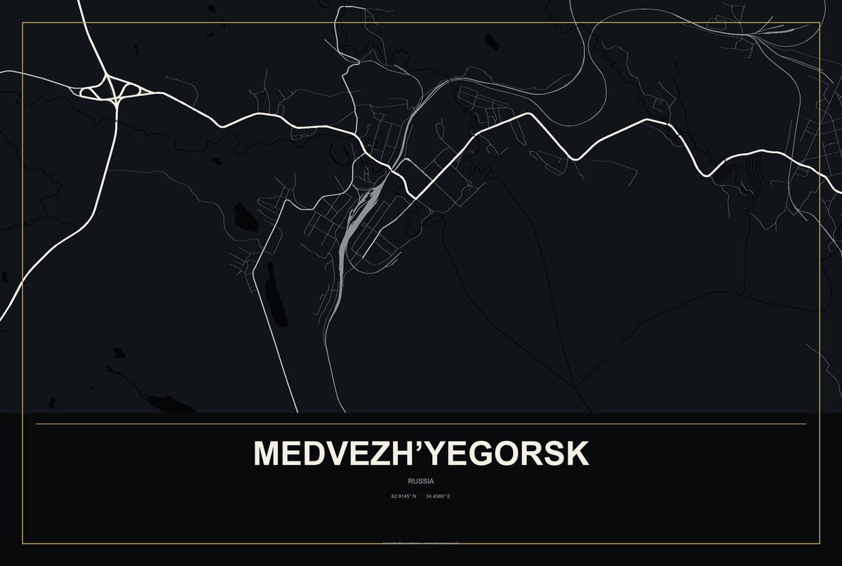 Medvezh’yegorsk, Russia City Map Aluminum Sign in Metropolitan Noir style