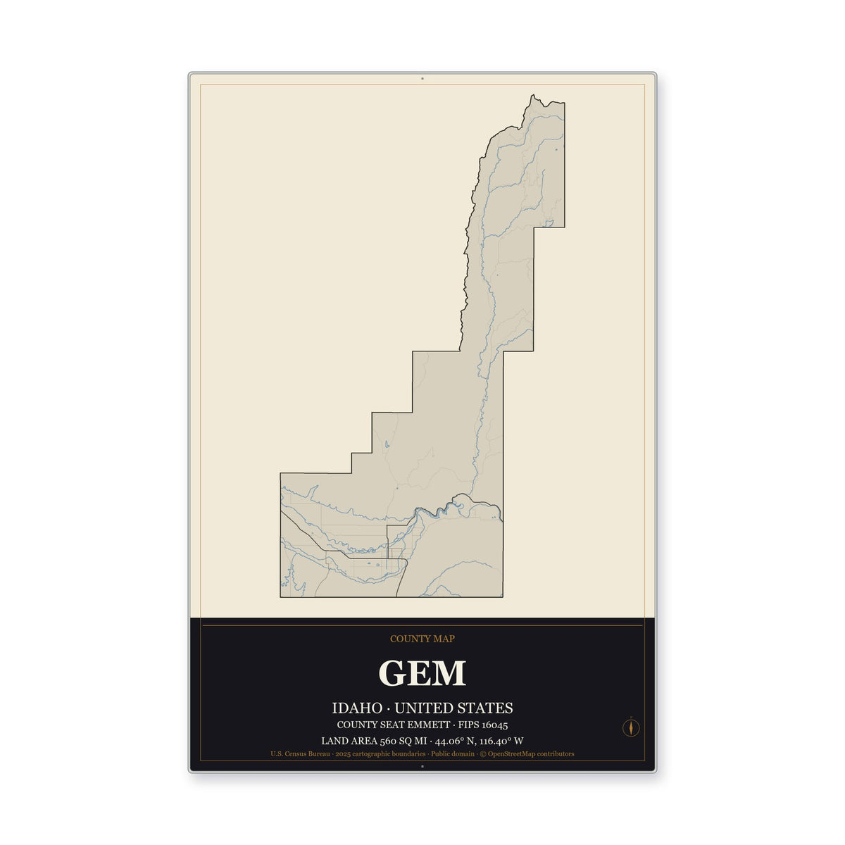 Gem County, Idaho Map Aluminum Sign in Museum Plaque style
