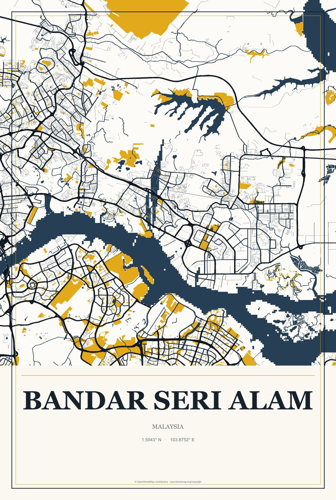 Bandar Seri Alam, Malaysia City Map Aluminum Sign in Citrine Modern style