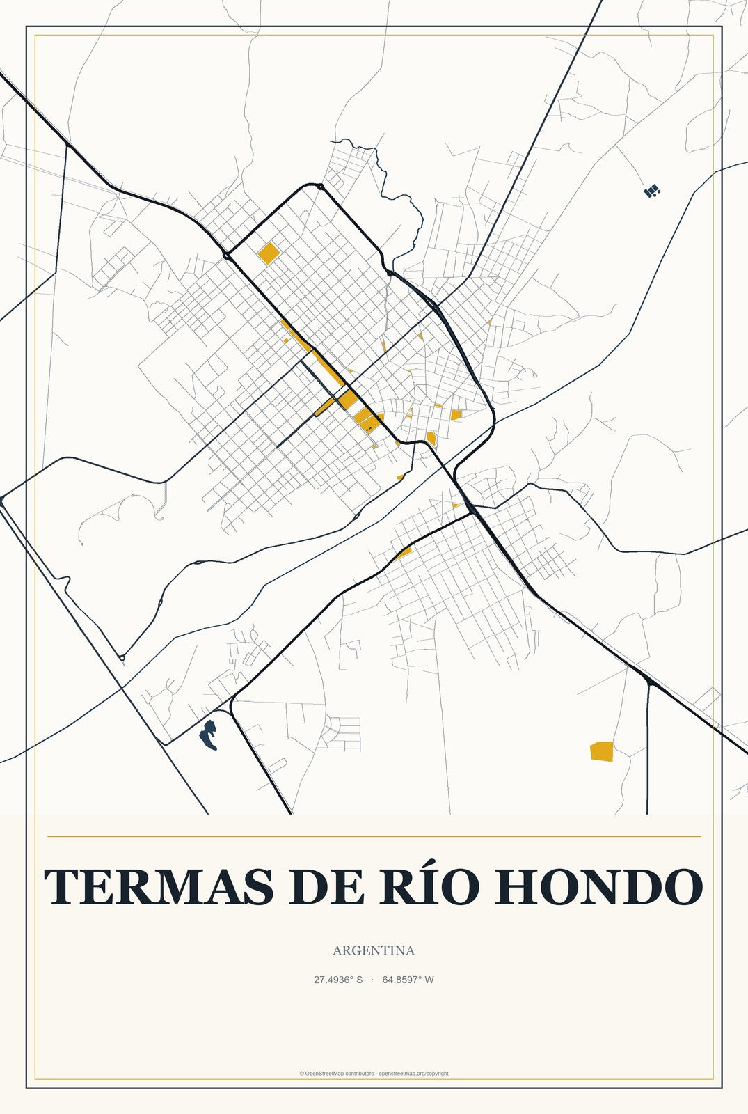 Termas de Río Hondo, Argentina City Map Aluminum Sign in Citrine Modern style