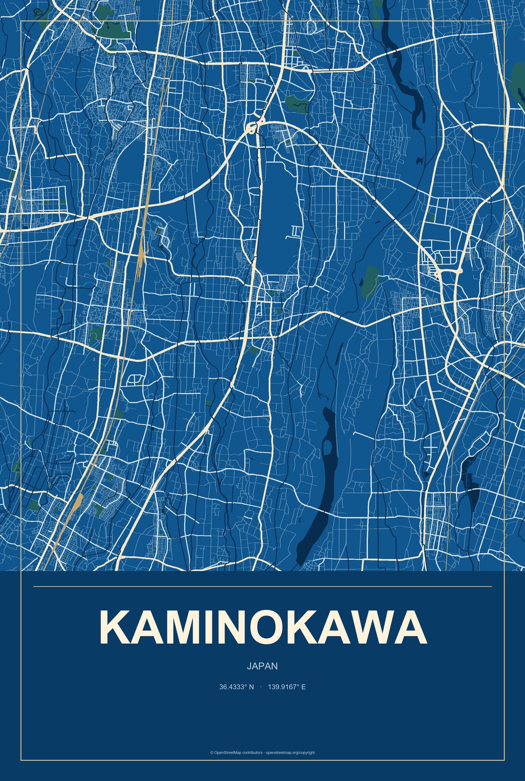Kaminokawa, Japan City Map Aluminum Sign in Harbor Cobalt style