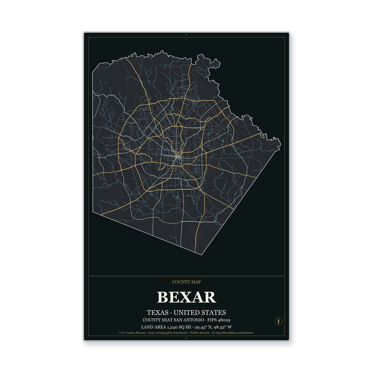 Bexar County, Texas Map Aluminum Sign in Metropolitan Noir style