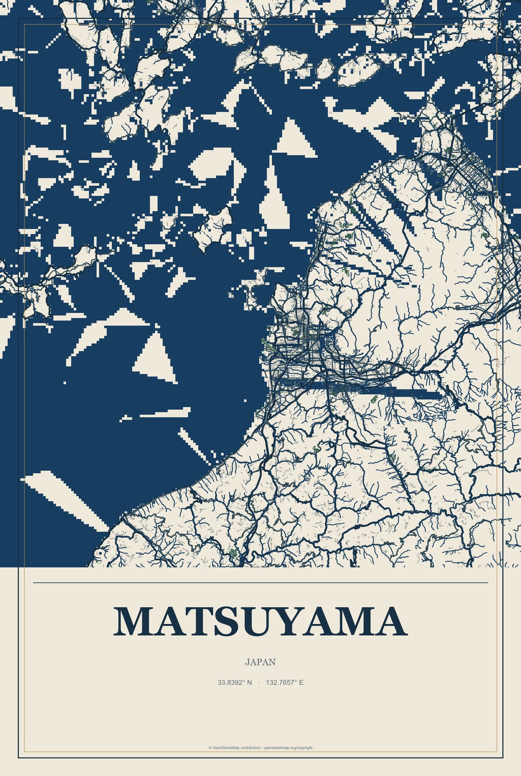Matsuyama, Japan City Map Aluminum Sign in Coastal Cutout style
