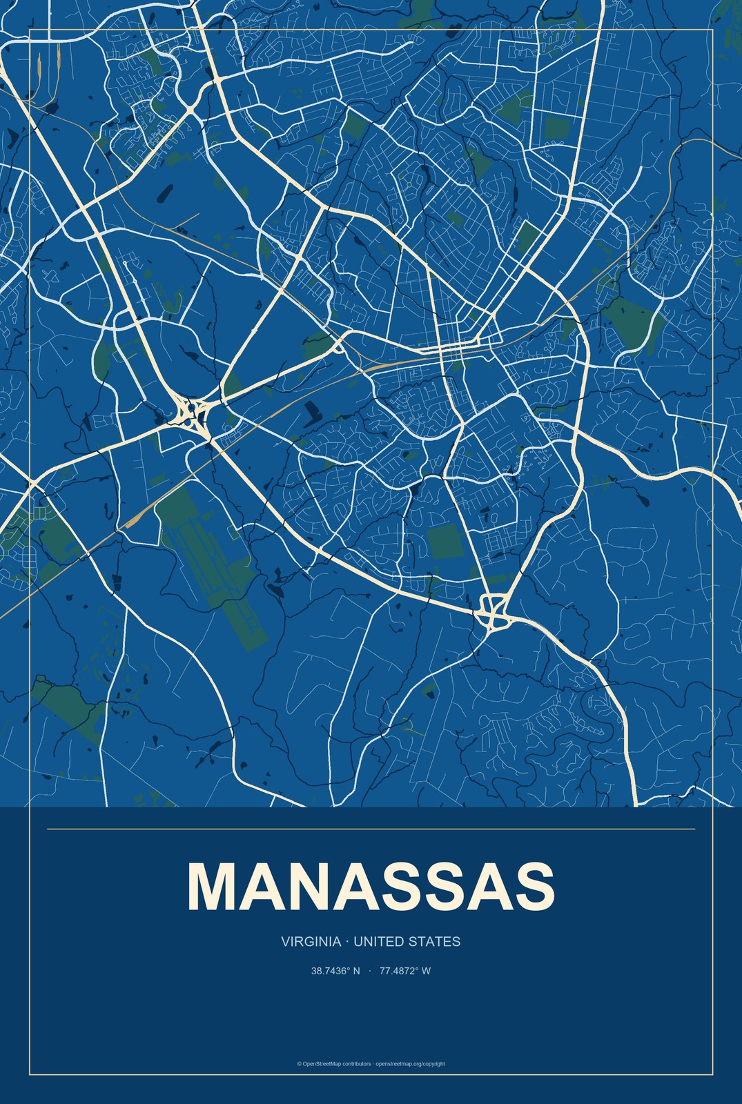 Manassas, Virginia City Map Aluminum Sign in Harbor Cobalt style