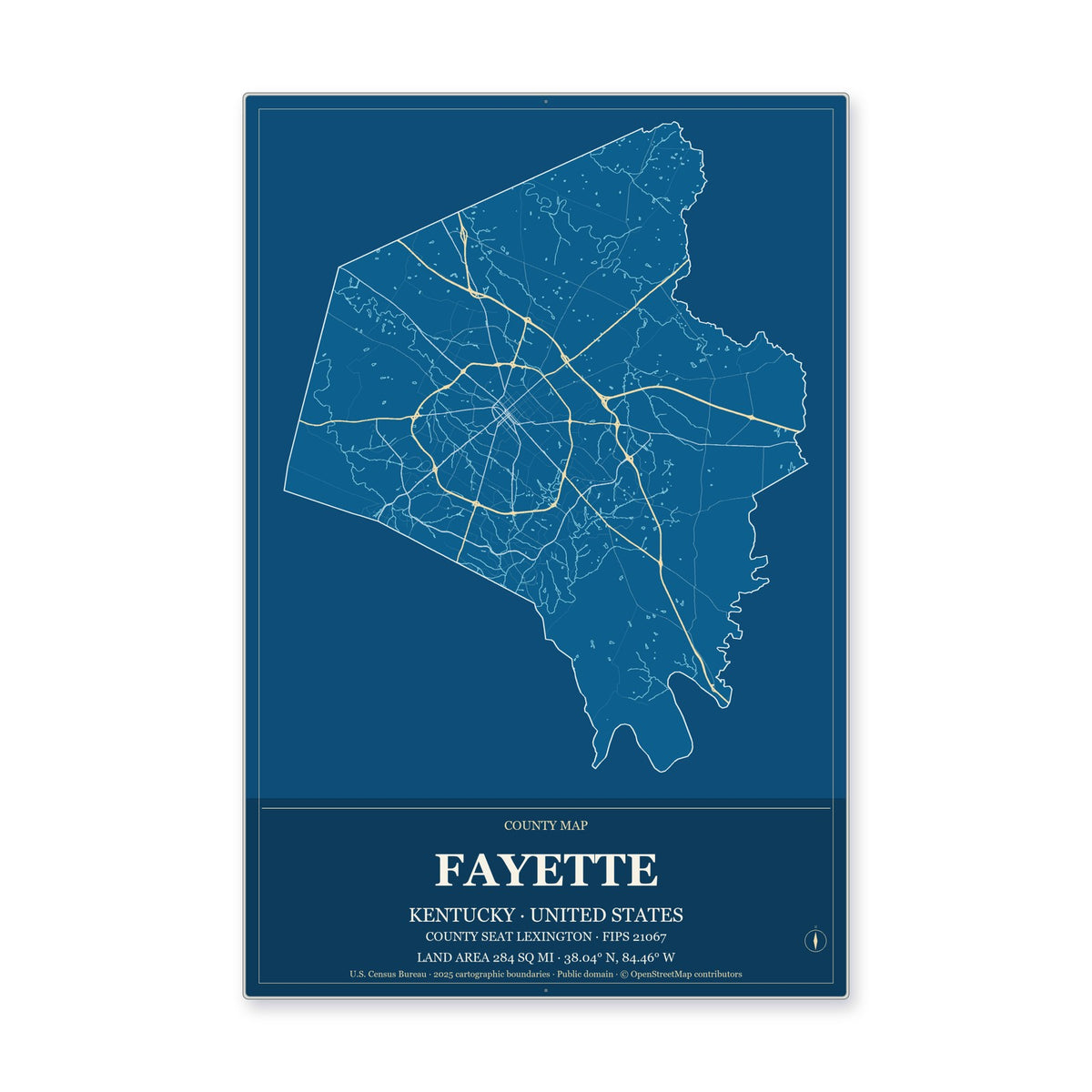 Fayette County, Kentucky Map Aluminum Sign in Harbor Cobalt style