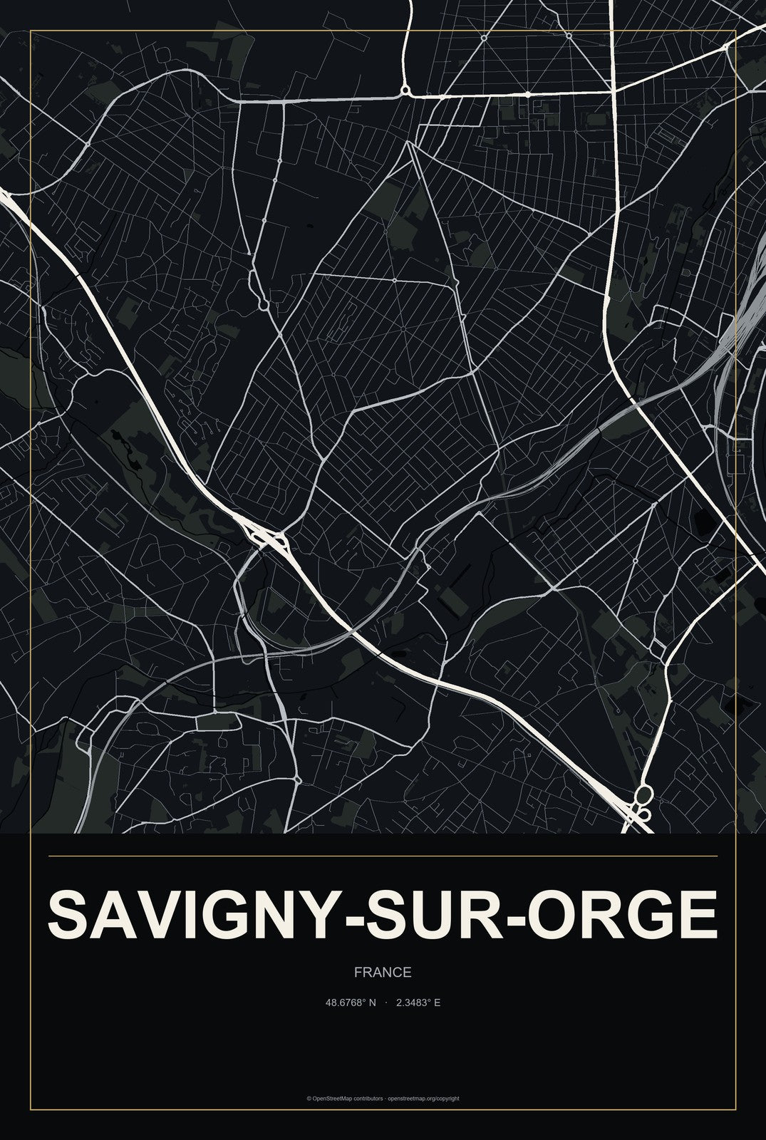 Savigny-sur-Orge, France City Map Aluminum Sign in Metropolitan Noir style