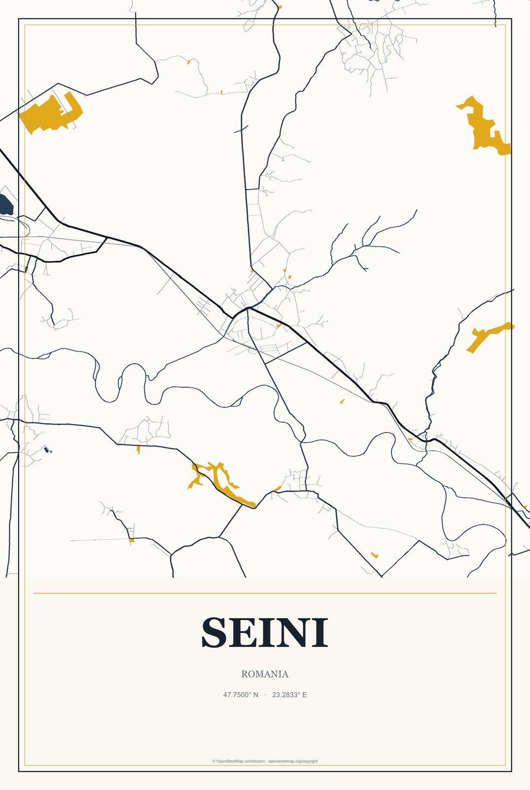 Seini, Romania City Map Aluminum Sign in Citrine Modern style