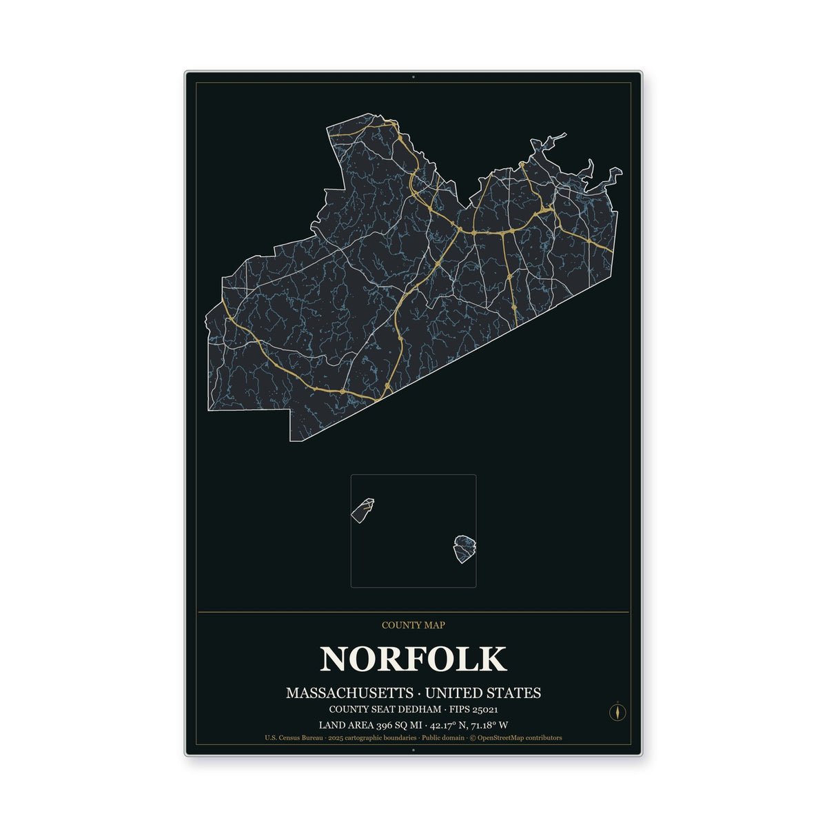 Norfolk County, Massachusetts Map Aluminum Sign in Metropolitan Noir style