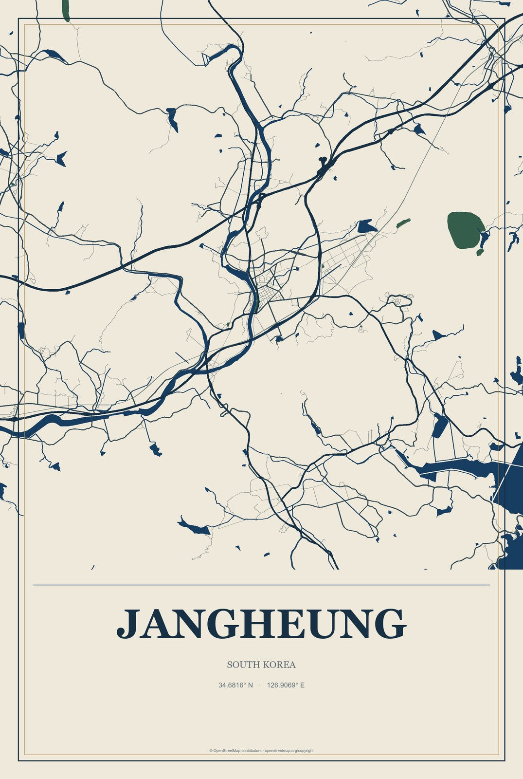 Jangheung, South Korea City Map Aluminum Sign in Coastal Cutout style