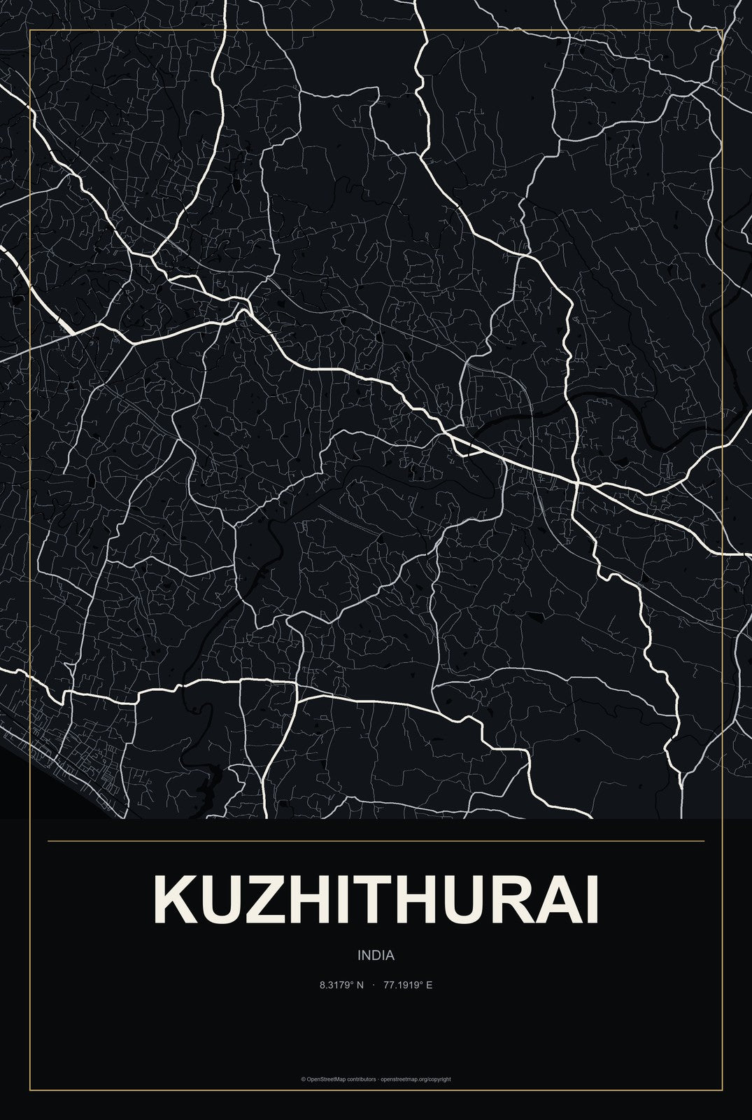 Kuzhithurai, India City Map Aluminum Sign in Metropolitan Noir style