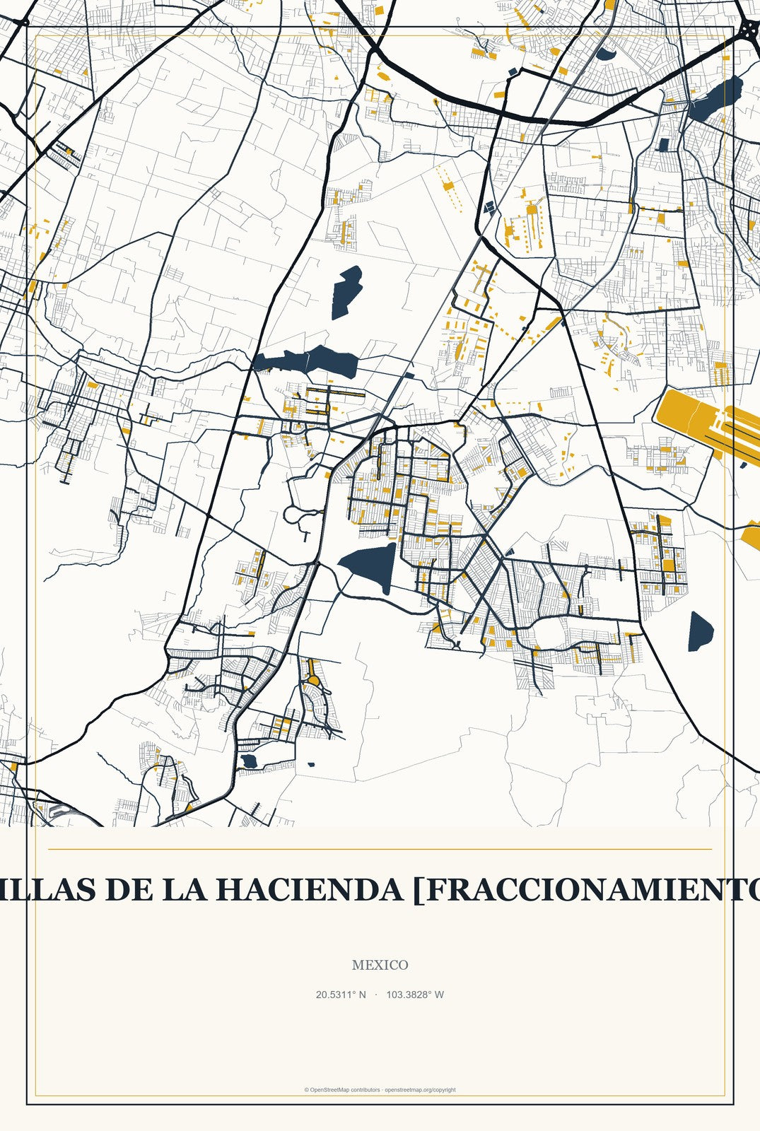 Villas de la Hacienda [Fraccionamiento], Mexico City Map Aluminum Sign in Citrine Modern style