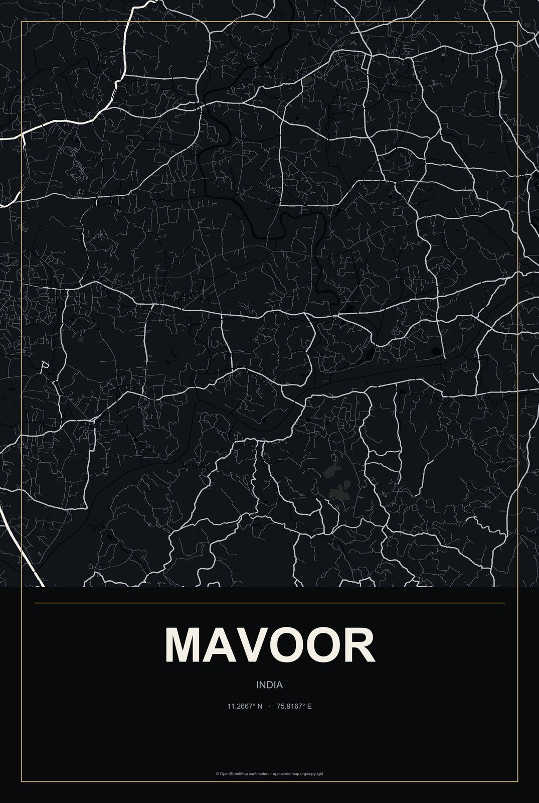 Mavoor, India City Map Aluminum Sign in Metropolitan Noir style