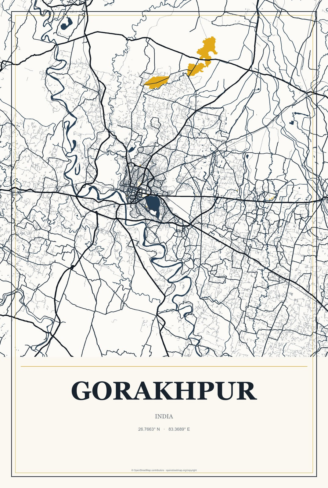 Gorakhpur, Uttar Pradesh, India City Map Aluminum Sign in Citrine Modern style