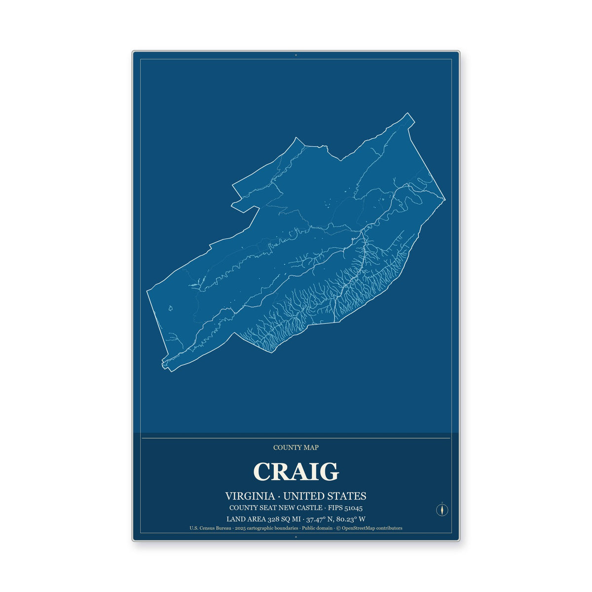 Craig County, Virginia Map Aluminum Sign in Harbor Cobalt style