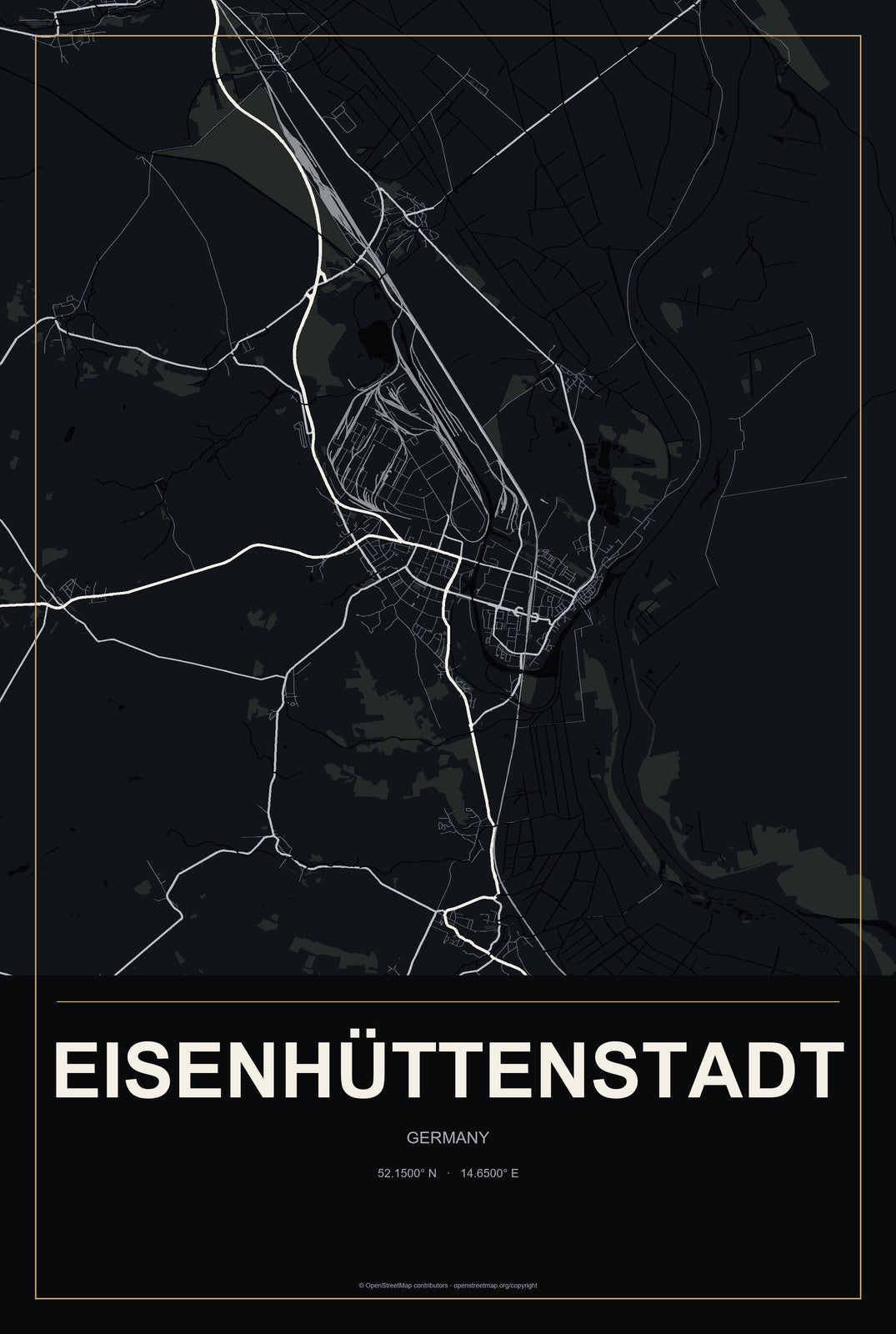 Eisenhüttenstadt, Germany City Map Aluminum Sign in Metropolitan Noir style