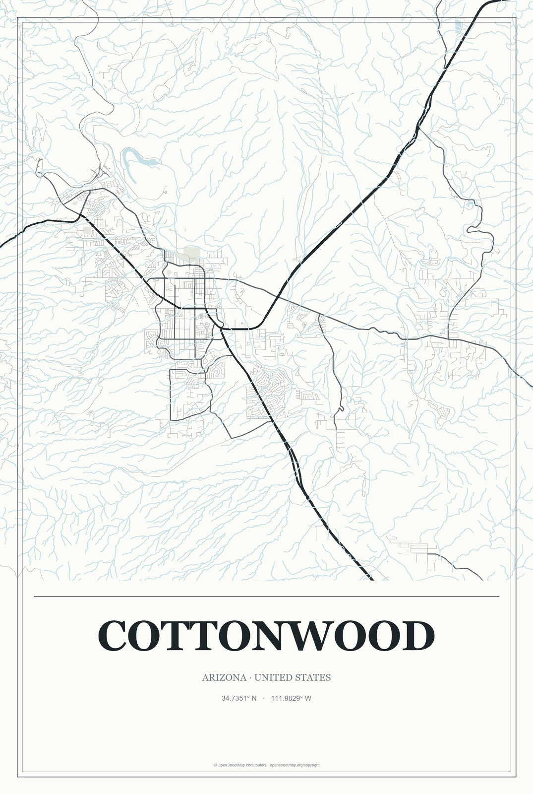 Cottonwood, Arizona City Map Aluminum Sign in Gallery Air style