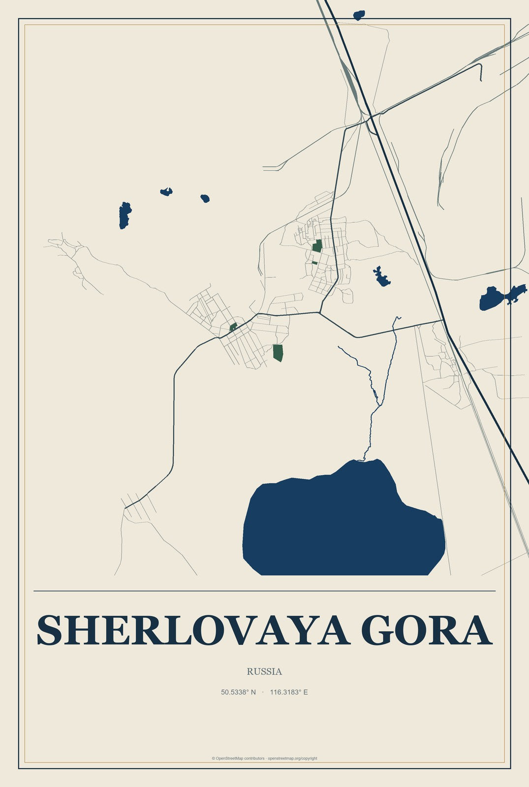 Sherlovaya Gora, Russia City Map Aluminum Sign in Coastal Cutout style