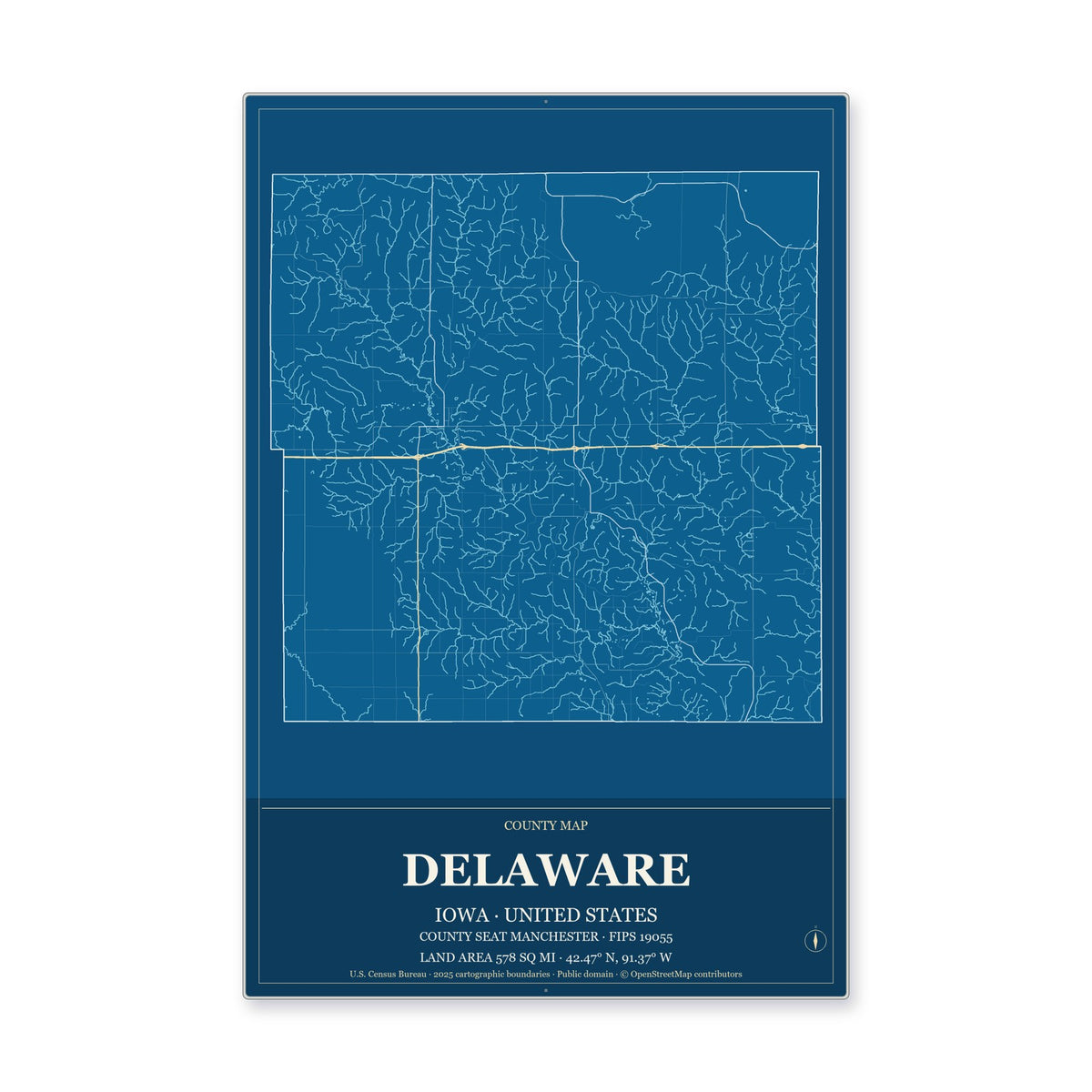 Delaware County, Iowa Map Aluminum Sign in Harbor Cobalt style